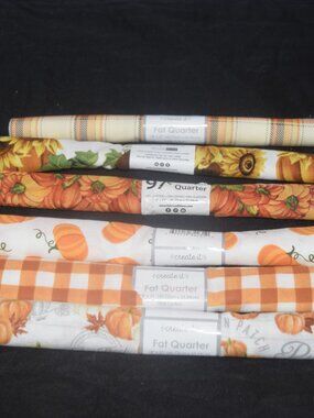 Lot of 6 Fall Fabric Fat Quarters Autumn Pumpkins Sunflower Buffalo Plaid Cotton